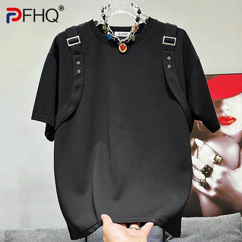 

PFHQ Men's Summer Tops Personalized Belt Splicing Round Neck Short Sleeve Tide Male T-shirt Temperament New Design Niche 21Z4960