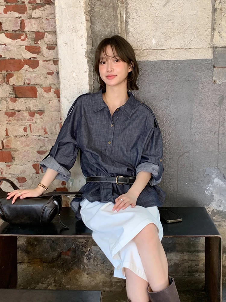

Retro Hong Kong Sle Asymmetric Korean Design Denim irt Turn-down Collar Faded Early Autumn New Sle Women's Busin Cas...