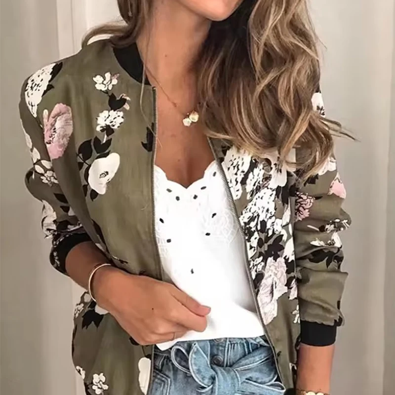 Floral Printed Women Jacket Autumn Winter Fashion O Neck Long Sleeve Zipper Pocket Casual Coats Bomber Outwear Streetwear