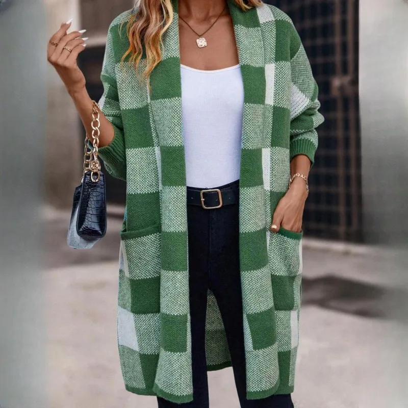 

Women's Fashion Knitted Plaid Cardigan Green Plaid Sweater Coat