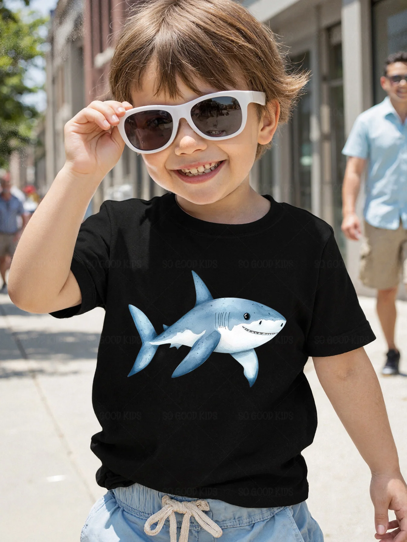 Watercolor Cute Blue Shark Sea Animal Cartoon Graphic Kids T Shirt Boys Girls Family Matching Summer Crew Neck Casual Tee