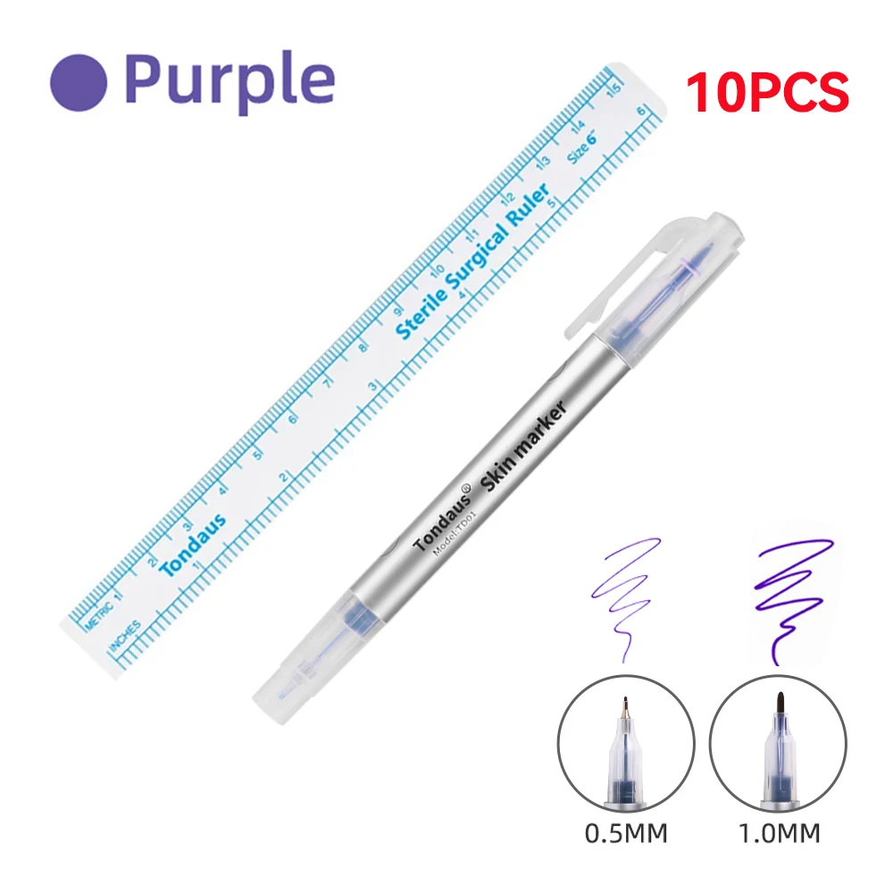 10Pcs Professional Surgical Sterile Skin Marker Pens with Measuring Ruler Set for Microblading Tattoo Eyebrow Lip Skin Marking