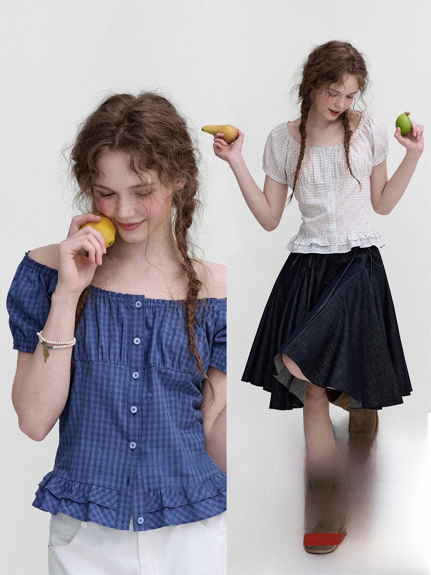 

Retro Plaid Elastic Waist Slim Fit Short Sleeve 100% Cotton Women's Shirt Versatile Wear British Style Commute Wind Loose Fit