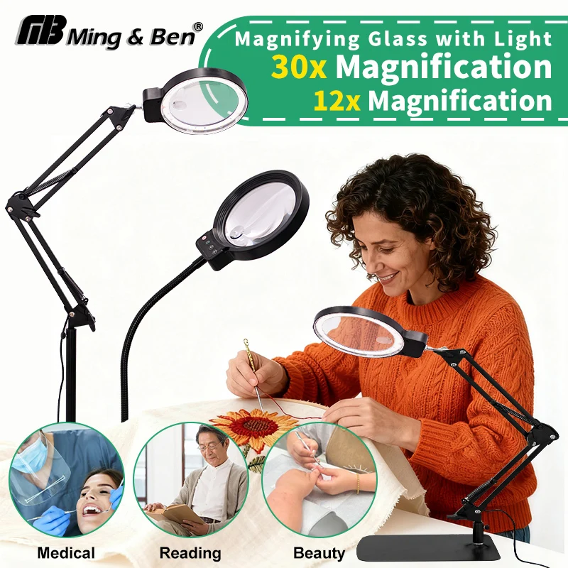 NEW 12X/30X LED Illuminated Magnifier USB EU Plug 3-Color Magnifying Foldable Floor Lamps For Soldering Repair Skincare Beauty