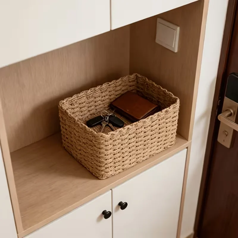 Natural Beige Handwoven Storage Basket - Eco-Friendly Shelf Organizer And Storage Bin for Home Organization