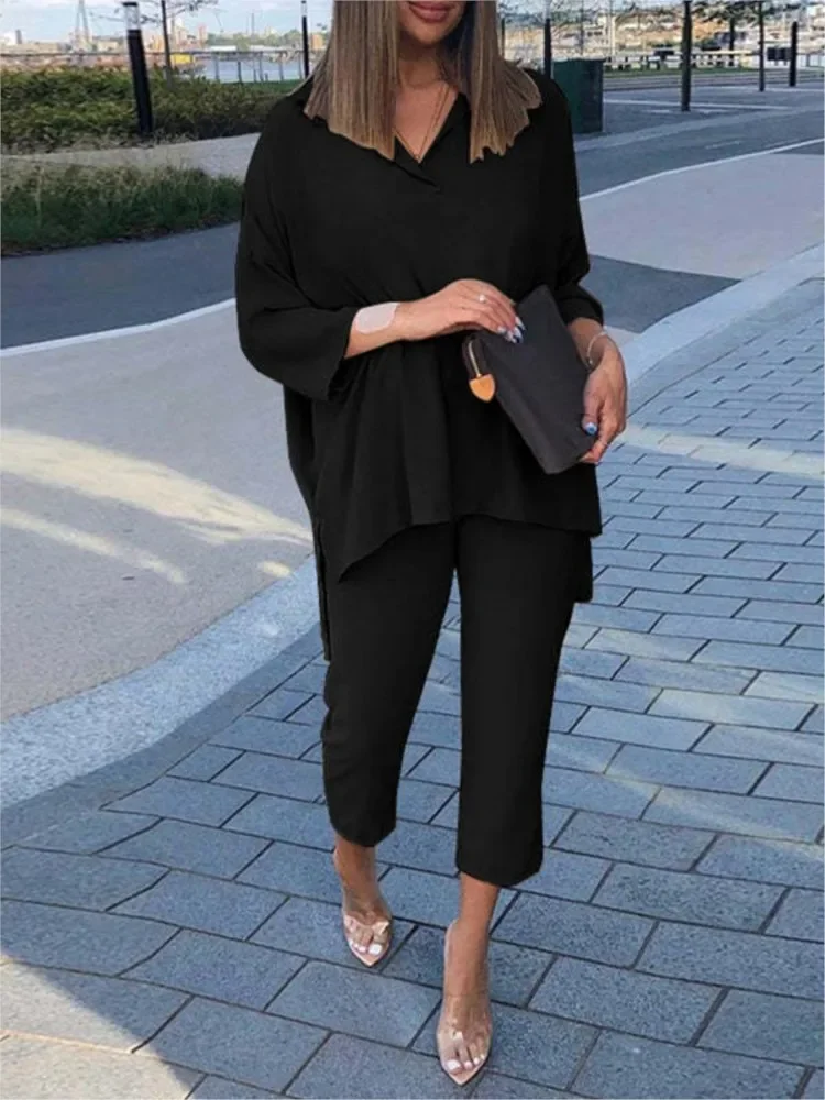 

Autumn Women's Clothing New Item Solid Color Cotton Linen Casual Comfortable Elastic Waist Set Women's Lapel Shirt Cropped Pants