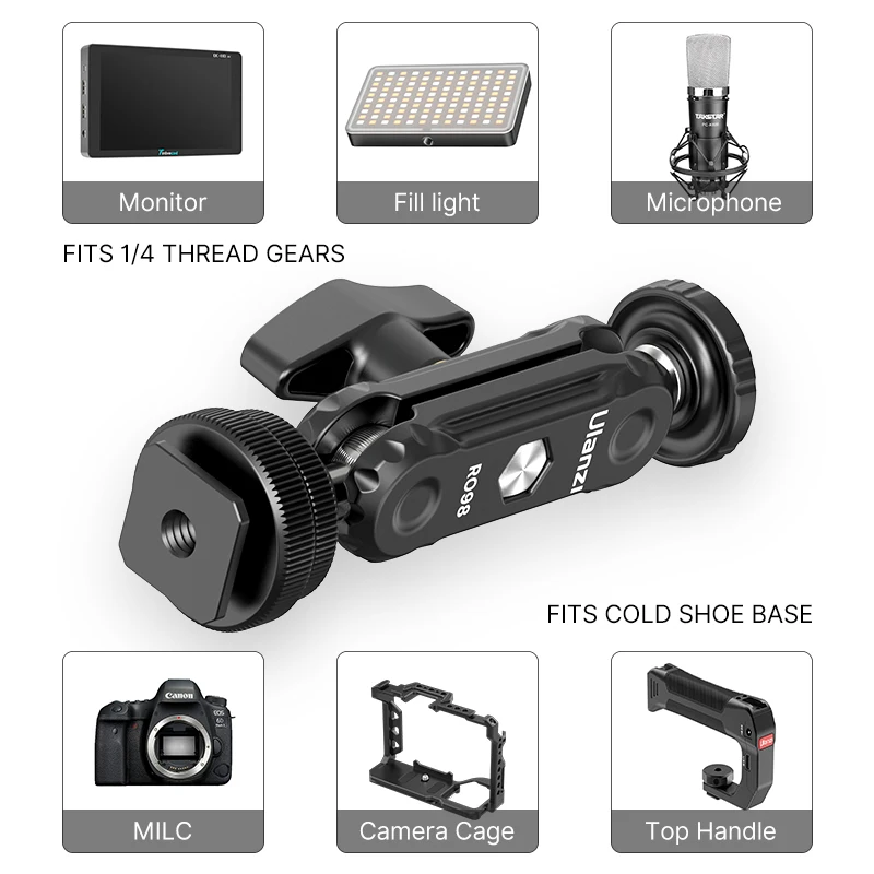 Ulanzi R098 Double Ball Heads Magic Arm with Cold Shoe Mount 1/4''  Screw for DSLR Camera Monitor Mic Video Light Super Clamp