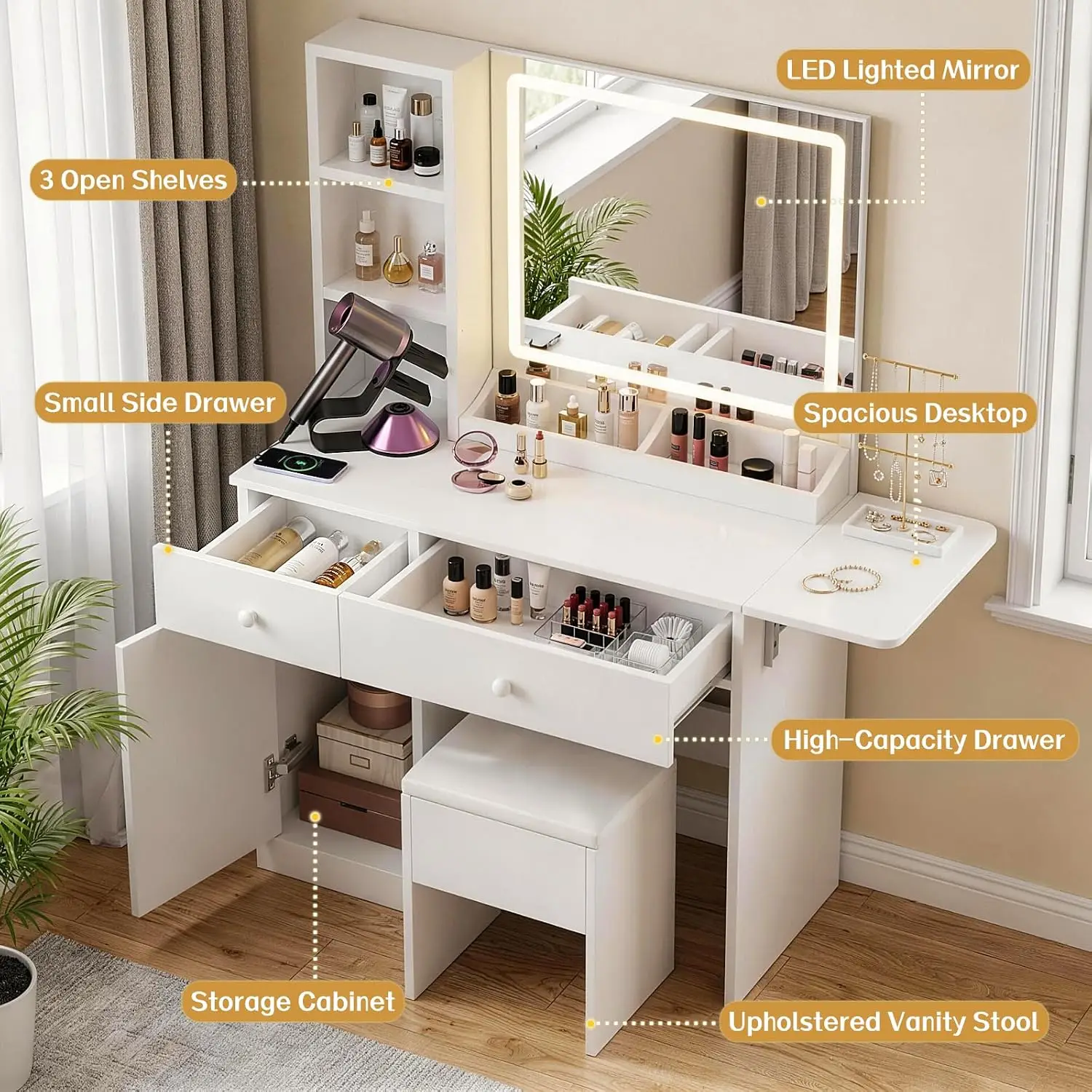 White Makeup Vanity Desk Set,3 Color Lighted Mirror,Charging Station,Storage Drawers,Cabinet & Shelves With Chair, Custom