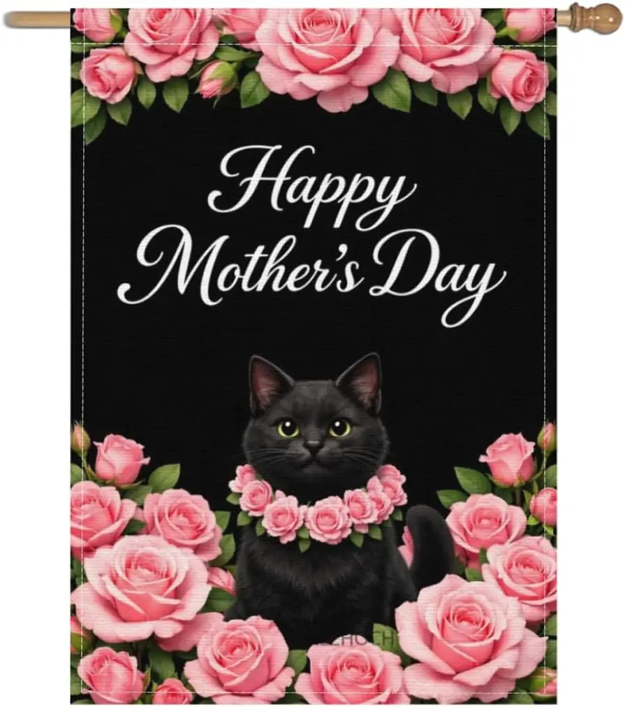 Happy Mother’s Day Garden Flag 28x40Inch,Cute Black Cat Pink Rose Floral Black Background,Spring Outdoor Yard Decor,Fun Anim AAS