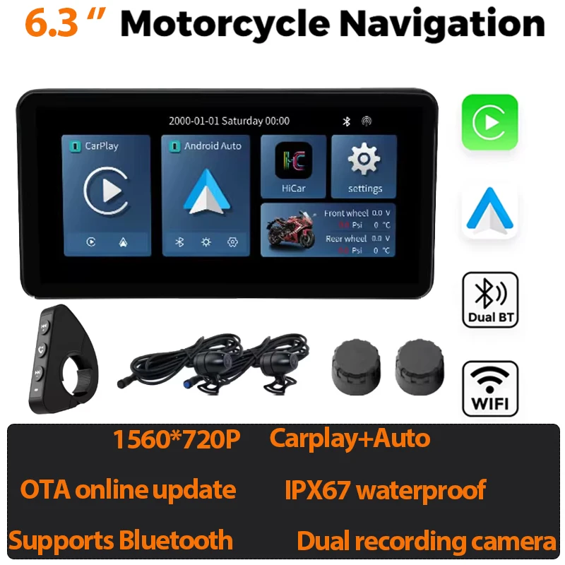 

6.3 inch IP67 Waterproof Motorcycle GPS Navigation Wireless Carplay Android Auto Player DVR Drive Recorder Moto Monitor WIFI