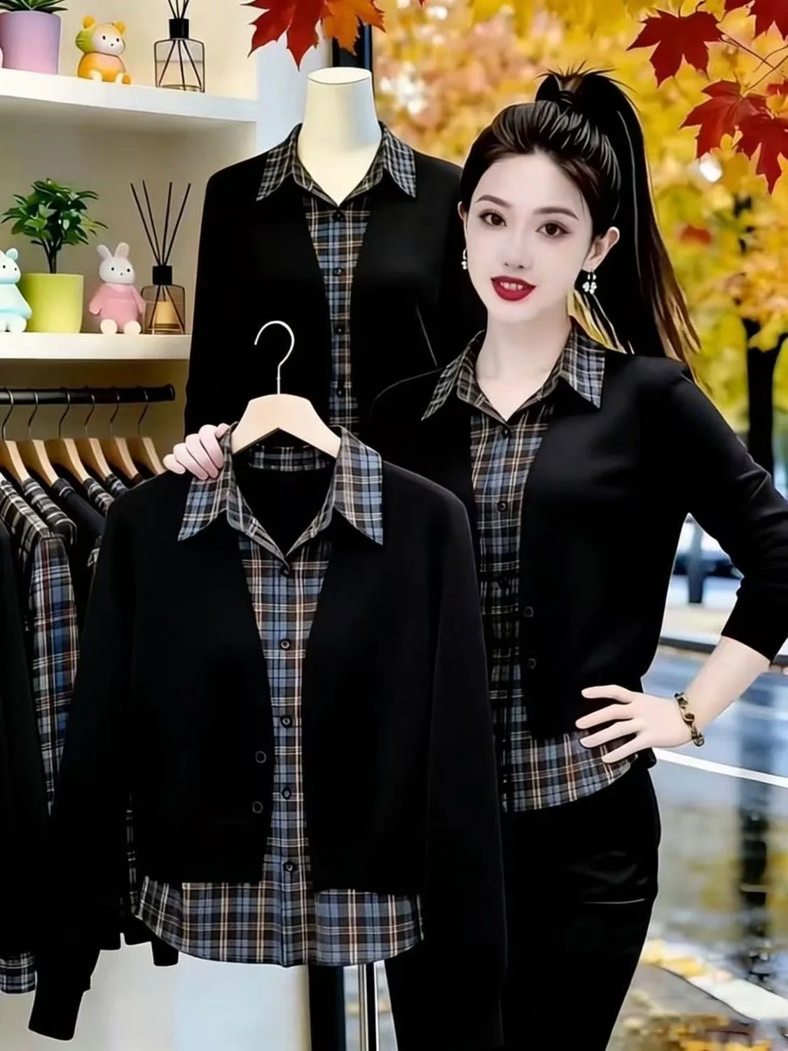 

Casual Plaid Long Sleeve Shirt Women's Spring Autumn New Style Collar Fake Two-Piece Loose Fashionable Breathable Polyester