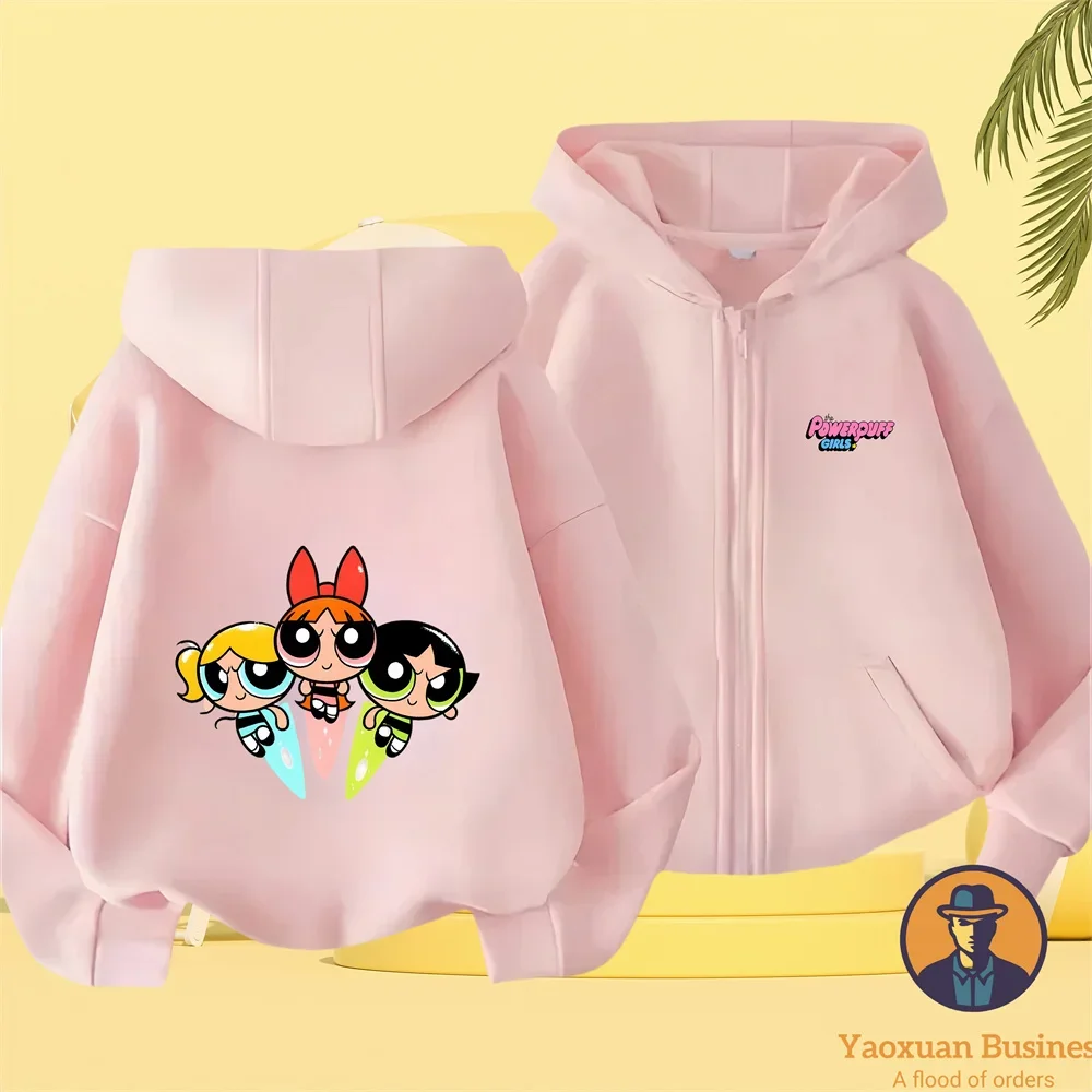 

New Sweatshirts The Powerpuff Girls Printed Children's Zip-up Hoodies Spring and Autumn Cartoon Anime Men's Jackets