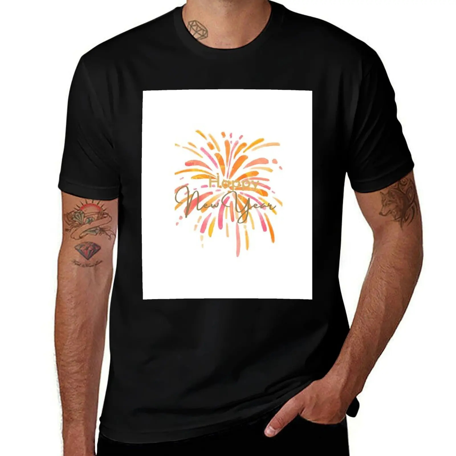 Happy new year colorful firework greeting T-Shirt Casual Graphic Print Tee T-Shirt