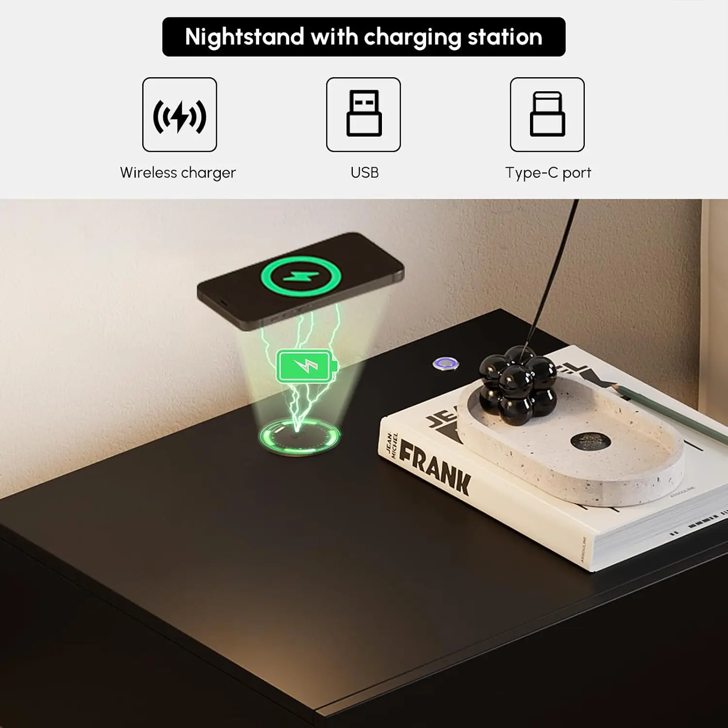 LED Nightstand 2-Pack Wireless Charging USB & Type-C Ports Bedside Table Storage Adjustable Light Bedroom 3 Drawers, Customized