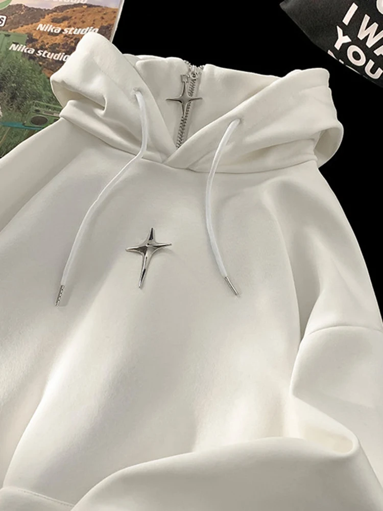 

Белая мужская толстовка оверсайз с капюшоном на молнии и высоким воротником, повседневная, свободного кроя, в американском стиле, весна-осень