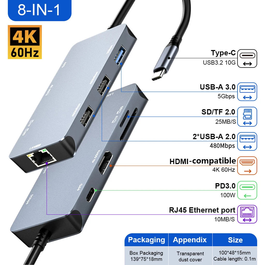8‑in‑1 USB‑C Docking Station USB Hub 4K@60Hz PD 100W USB3.0 USB2.0 SD TF RJ45 Ethernet Multiport Type‑C Adapter For Laptop Phone