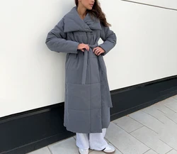 Long Cotton-padded Jacket sashes Coat Europe and America 2024 Autumn Winter New Loose Casual Warm Long Collar Cotton Jacket