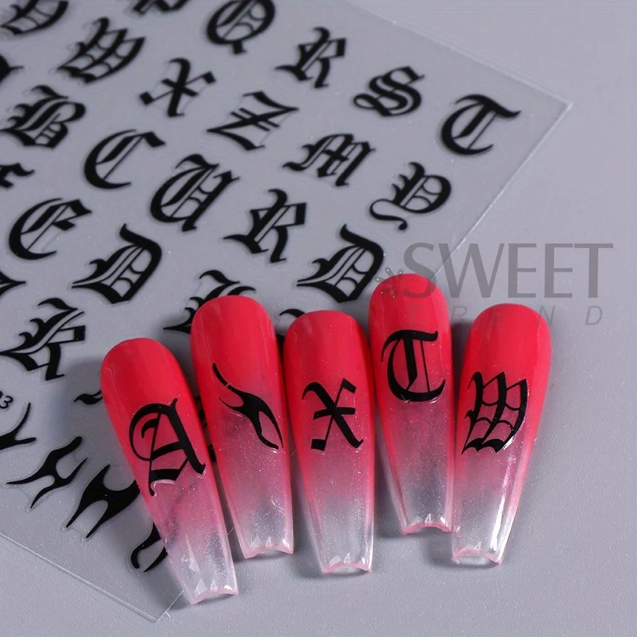 Pegatina para uñas con letras góticas, deslizador adhesivo del alfabeto inglés, diseño moderno, inscripción Y2K, punta decorativa para manicura, color blanco y negro, 2 uds.