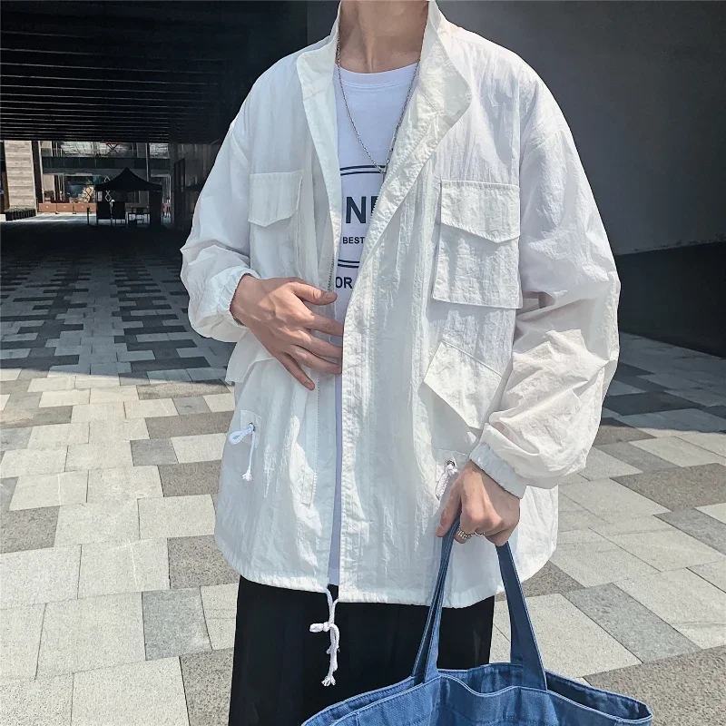 Men's Summer Streetwear Fashion More Pockets Ultra Thin Breathable Multicolor Riding Sunscreen Skin Long Sleeved Jacket Men