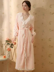 Autumn Winter Sexy Lace Coral Velvet Nightgown for Women Sweet Girl Vintage French Princess Long Sleeve Flannel Night Robe Dress