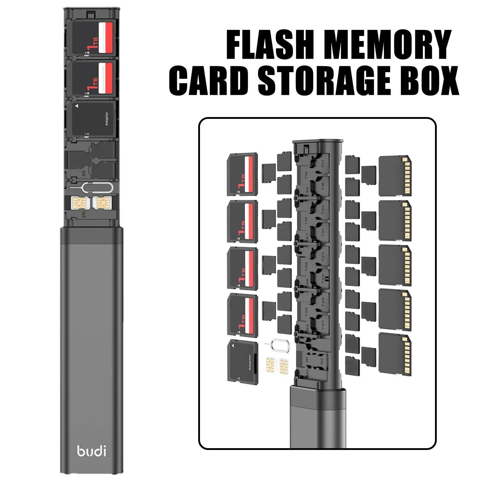 BUDI 30 In 1 Up Memory Card Storage Box Memory Card Organizer Case Storage Flash Memory Card Storage Box Phone Holder