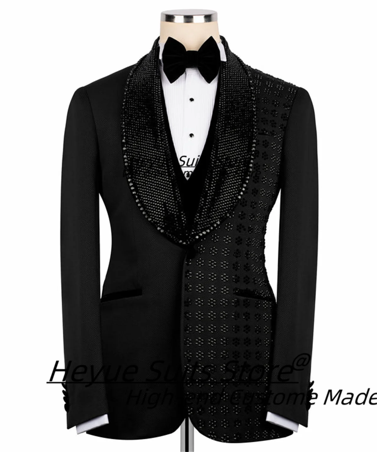 

Роскошные черные свадебные смокинги с бисерной отделкой, индивидуальный пошив, приталенный крой, шаль-воротник, мужские костюмы из 3 предметов, элегантный комплект для мужчин