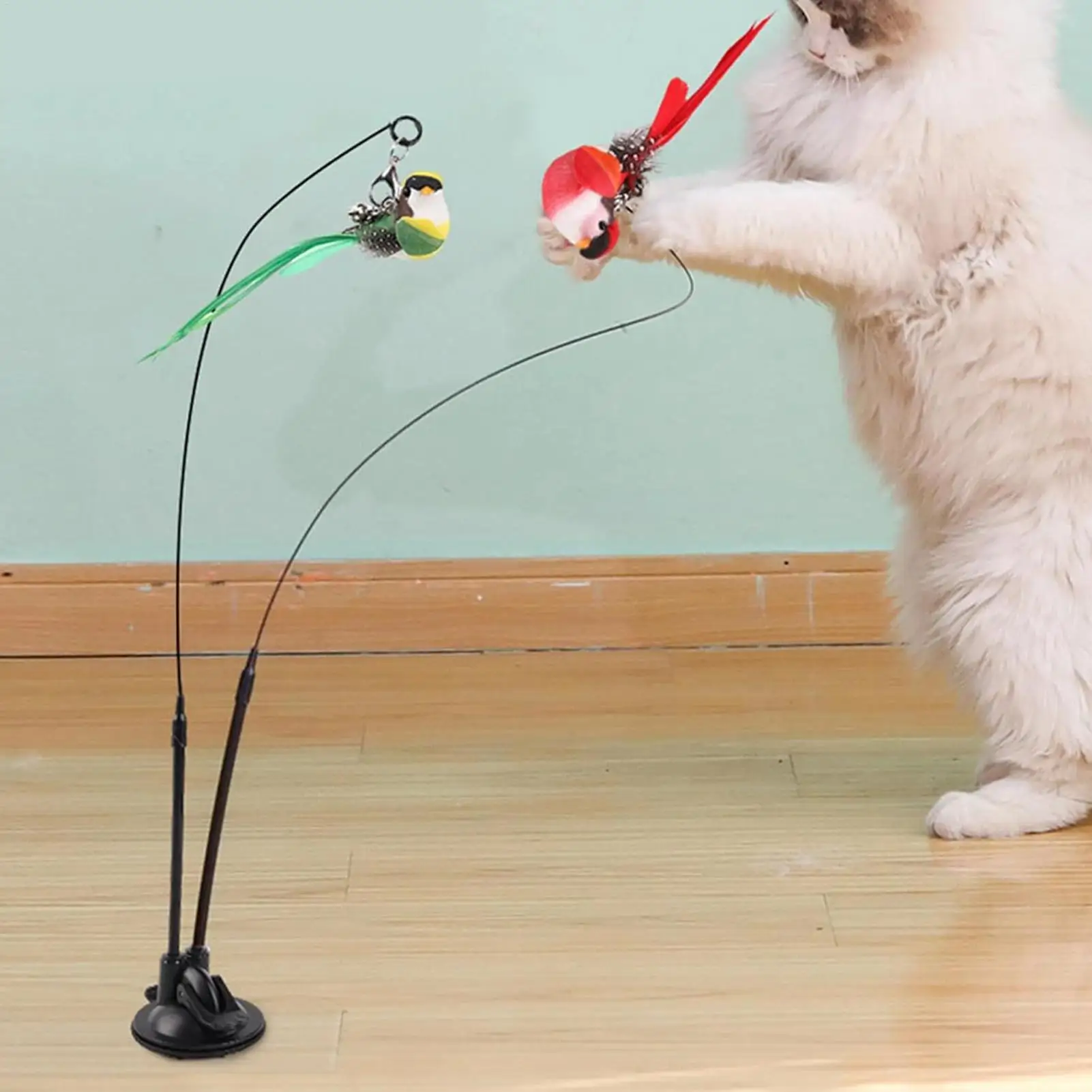 Cat Toys Wand Cat Teaser Stick Removable Suction Double Simulated Chirping Bird Game 2 In 1 for Weight Management Agility