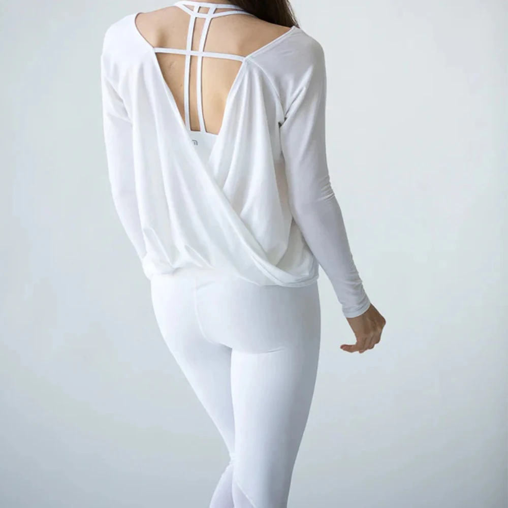 

Женские весенне-летние сексуальные сексуальные футболки с открытой спиной на шнуровке и длинными рукавами, женская футболка для йоги, топы