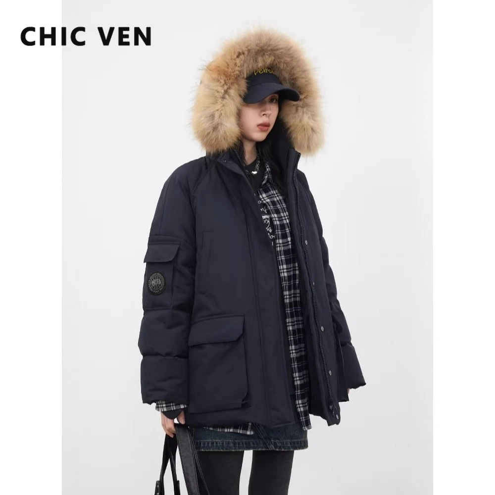 CHIC VEN Women Down Jackets Fashion Navy Blue Hooded Loose Quiltted Thick Warm Coats Female Clothing Autumn Winter New 2026