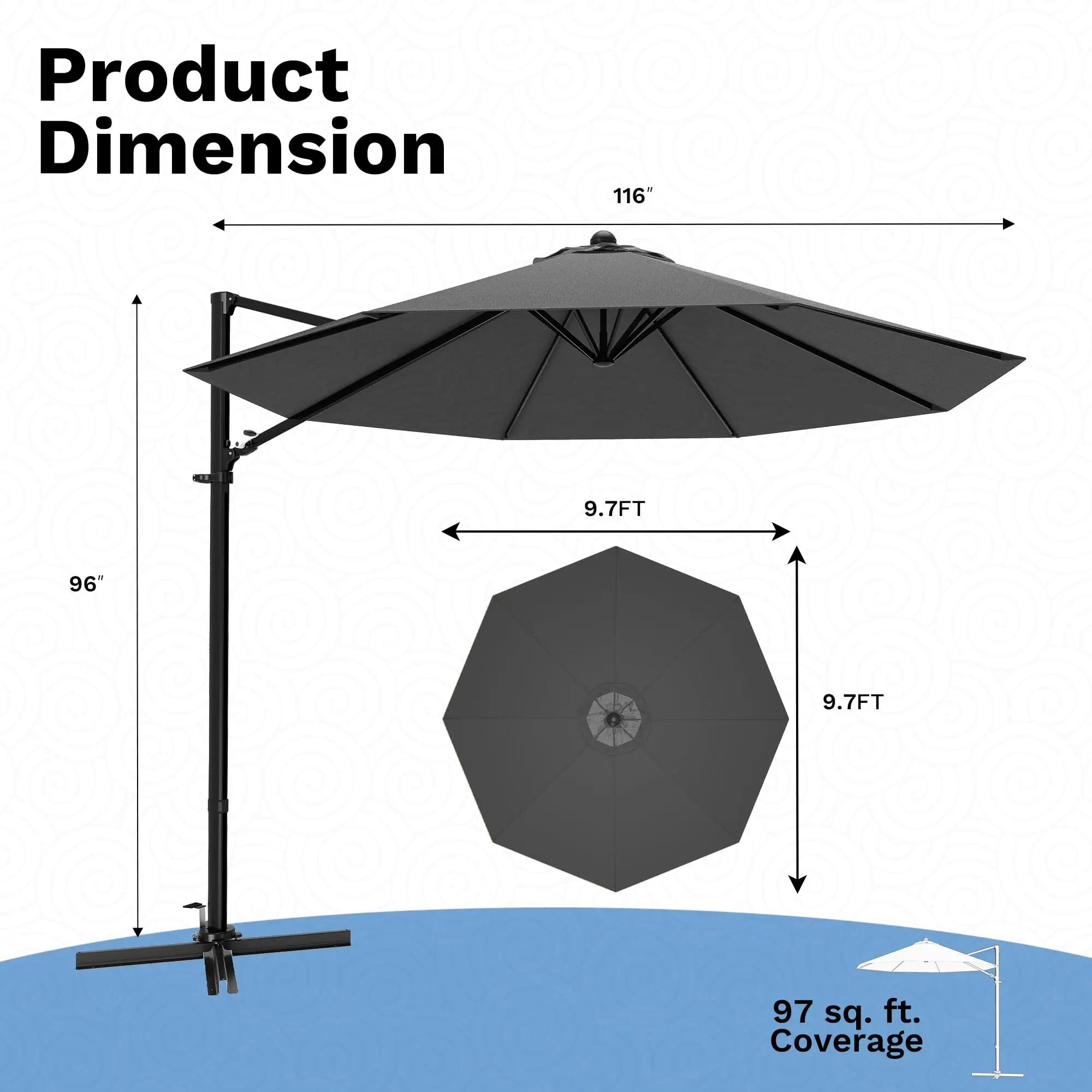 10ft Cantilever Patio Umbrella, Round Large Outdoor Umbrella with 360-Dee Rotation, Hanging Offset Market Sun Umbrella