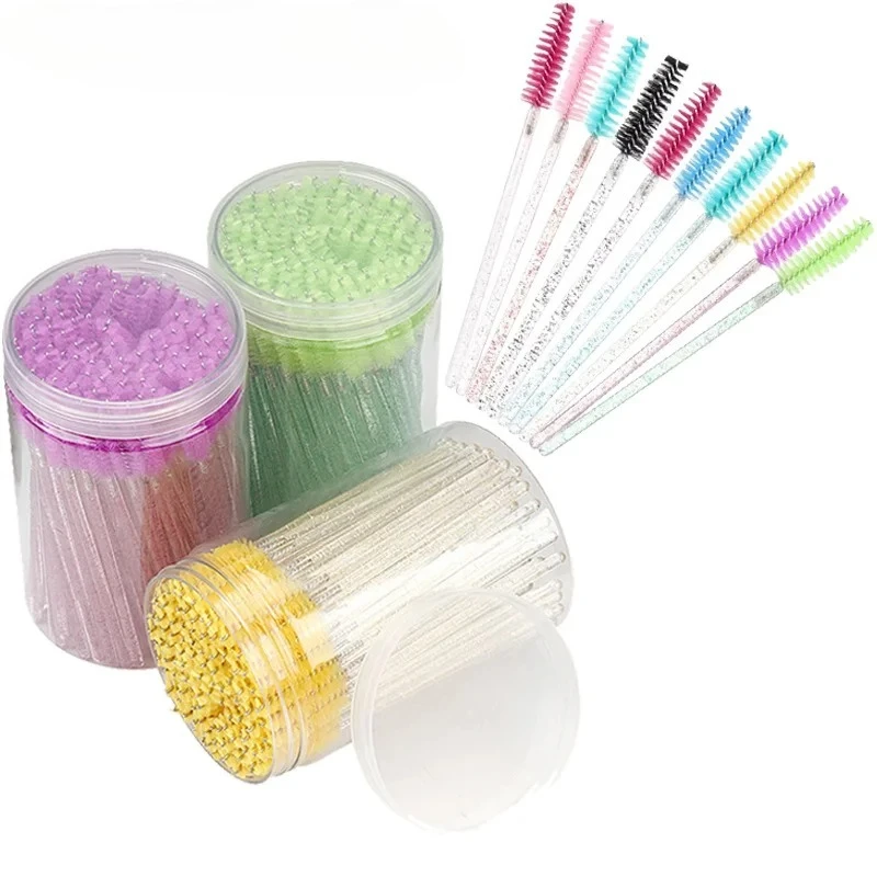 Eyebrow Comb MicroBrush 100pcs Disposable Eyelash Extension Makeup Brush With Box Crystal Handle Mascara Wands Lash Lifting Tool