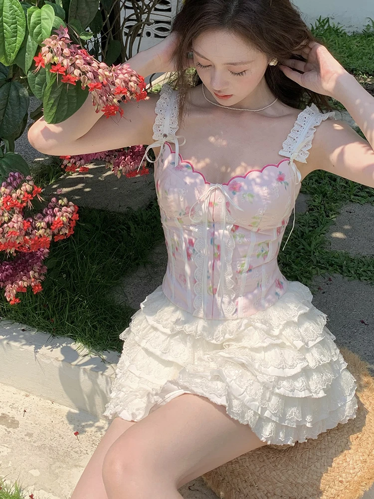 

Сексуальный топ-жилет из чистого хлопка с розовым кружевом, на бретельках, с принтом, на молнии, укороченный, для ношения поверх одежды