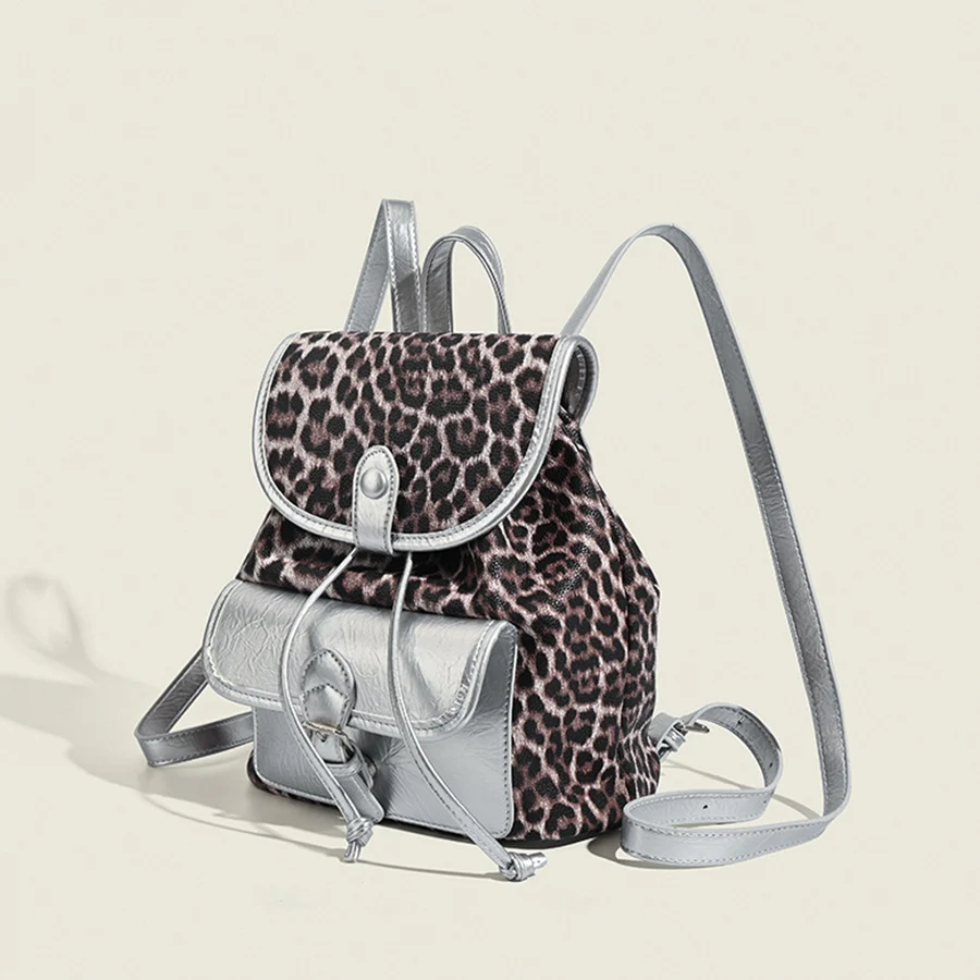 Fashion pu+leopard print Women Backpack Large drawstring schoolbag for Teenagers Girls Travel Designer commuter shoulder bagpack