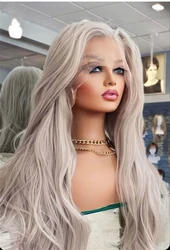 FANXITION Grey Blonde Synthetic Wig Long Straight Lace Front Wig Natural Looking Heat Resistant Fiber Hair Daily Use Cosplay Wig