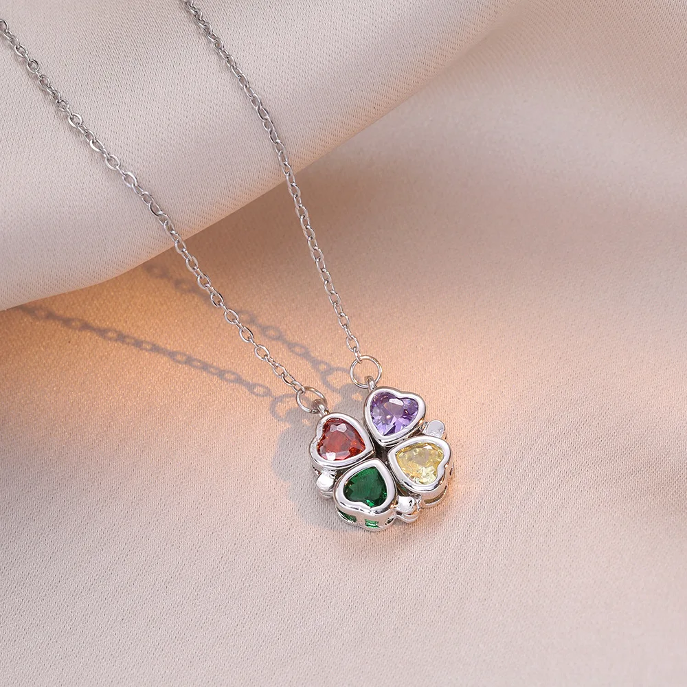 Stainless Steel Chain Classic Colorful Zircon Clover Pendant Necklace for Women Lady Vintage Elegant Jewelry Party Accessories