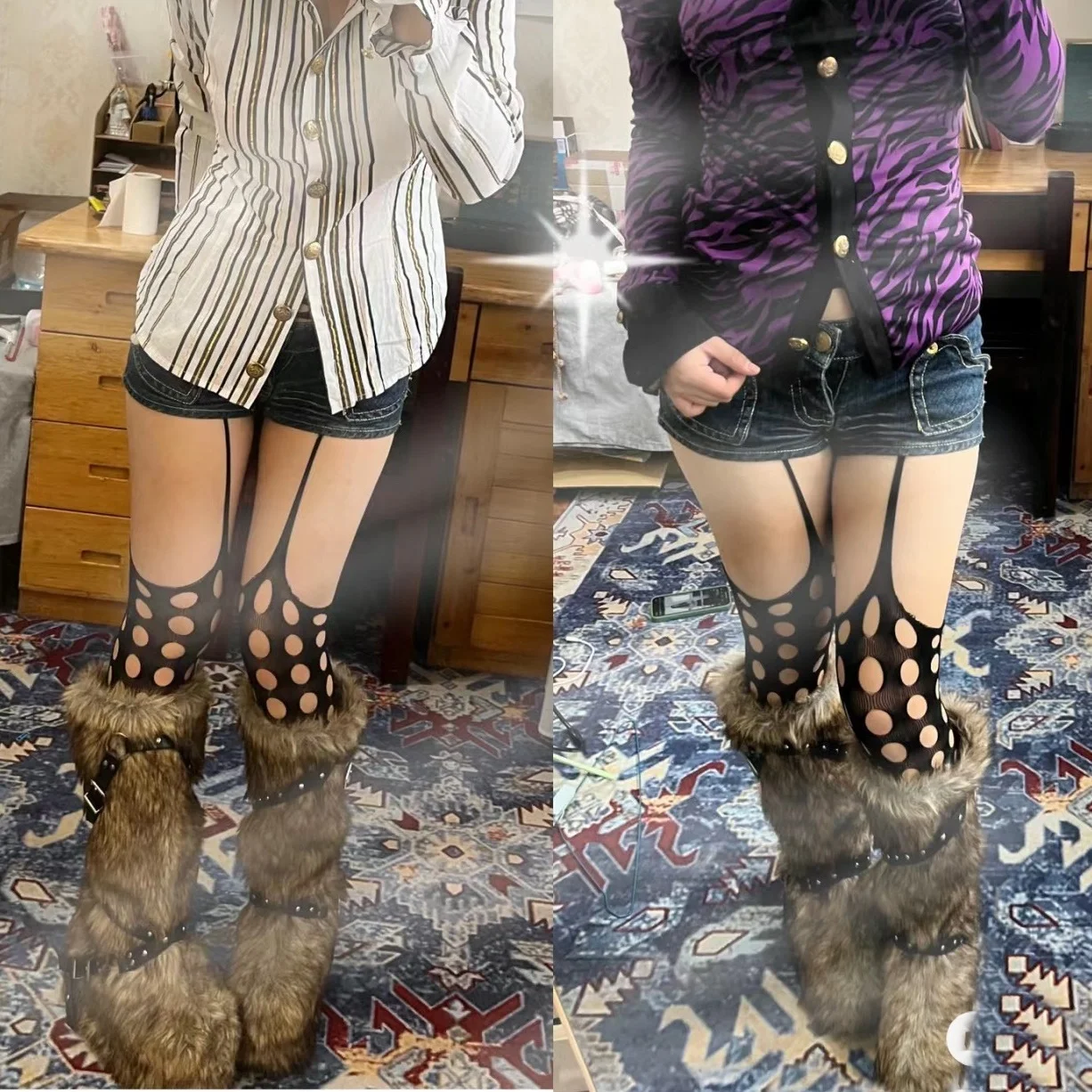 Fur Knee High Boots Round Toe Platform Wedges Strappy Real Picture Handmade Fashion 2024 Winter Women Dress Shoes Black Brown