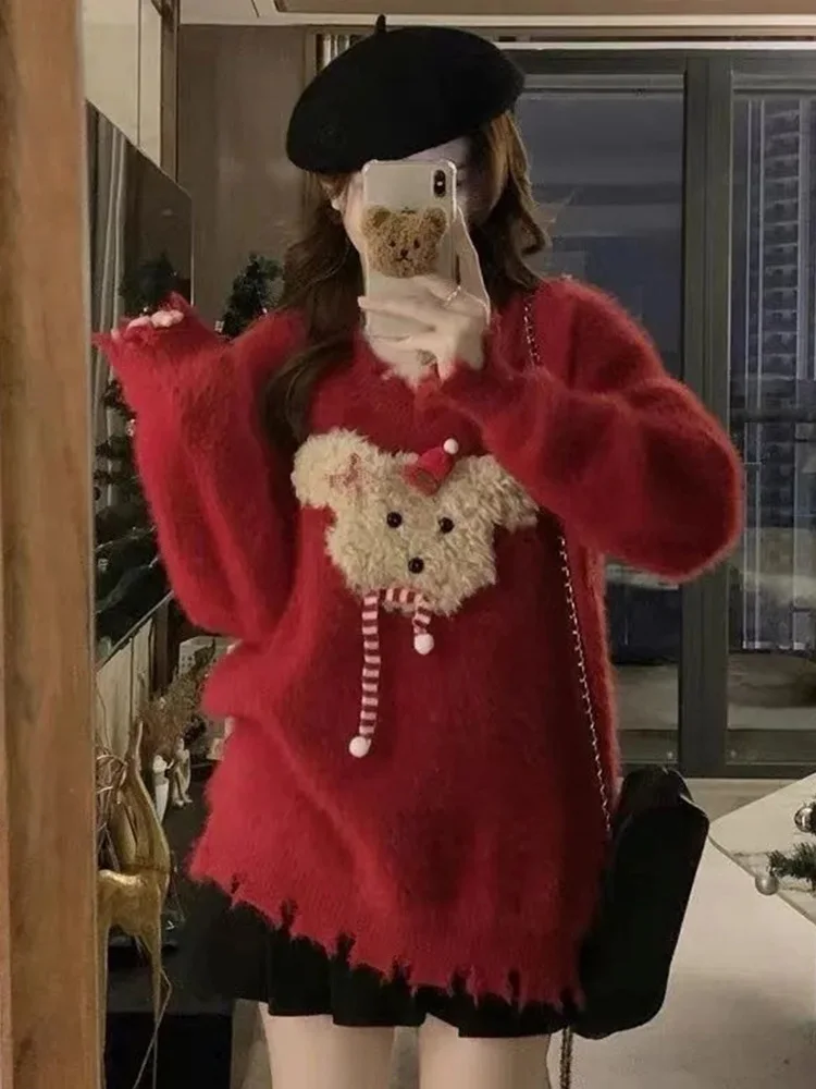 

Милый рождественский красный свитер с героями мультфильмов, женский винтажный вязаный джемпер в стиле Харадзюку Y2K, японский пуловер из искусственной норки и кашемира с длинными рукавами