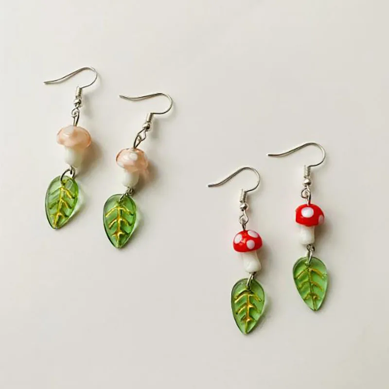 mushroom earrings leaf Y2K Handmade