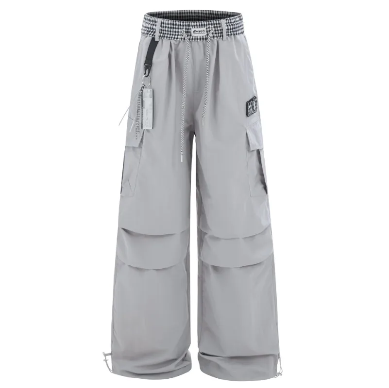 OR FL Checkered Pattern Splicing Leisure Paratrooper Pants Thin Style Retro Versatile High Waist Wide Leg Sports Cargo Trousers