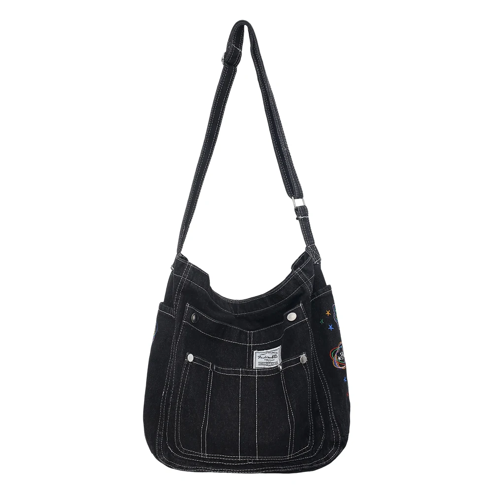 Bolsa jeans multibolso feminina, bolsa de ombro de grande capacidade, moda casual e simples, fim de semana