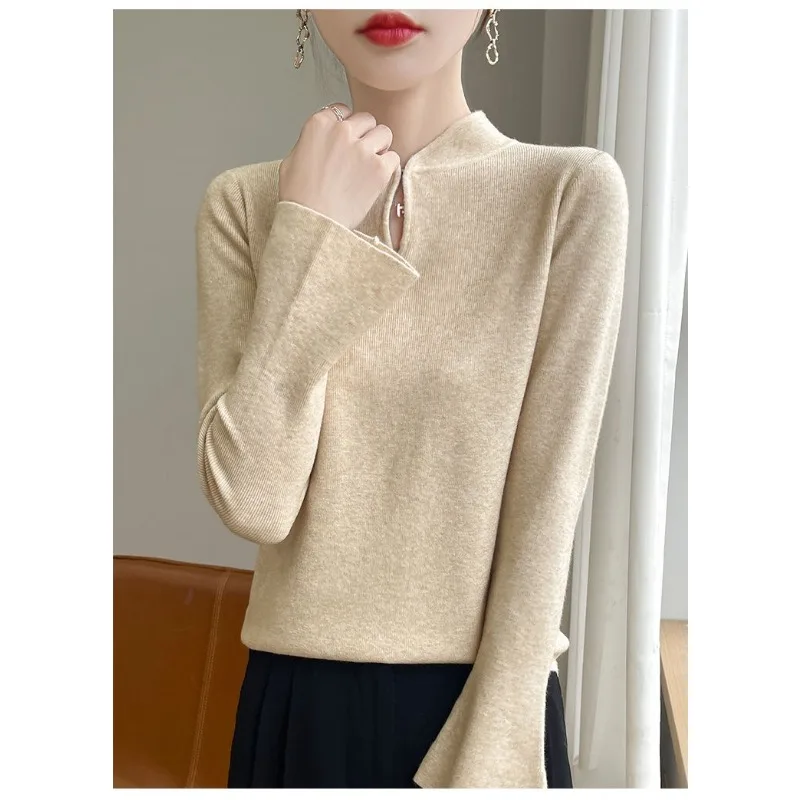 Chinesischen Stil Stehkragen Wolle Gestrickte Bodenbildung frauen Herbst und Winter Innere Tragen Design Pullover Schlanke Glocke Ärmeln