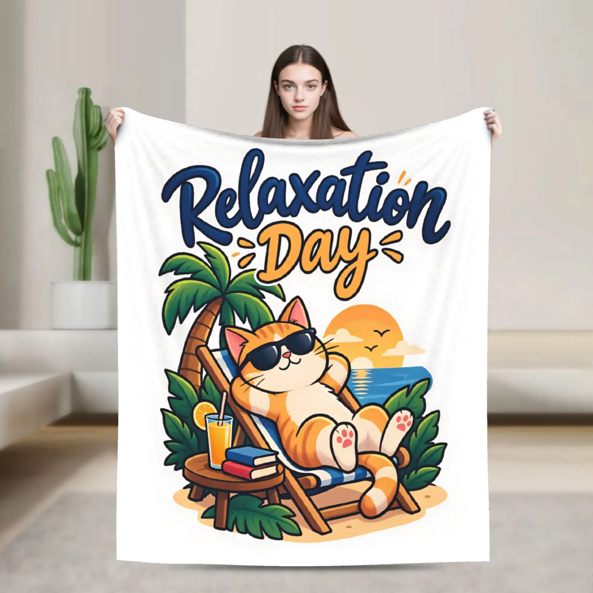 Cute Cat Beach Relaxation Day Vacation Poster Throw Blanket Warm Soft Trend Blanket  For Sofa Home Plane Bedspread Bed Cover