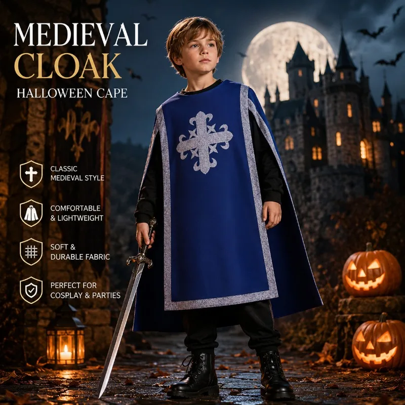 Kids Medieval Knight Costume Tabard Cape Crusader Tunic Halloween Cosplay Outfit Boys Girls Renaissance Role Play Party Costume