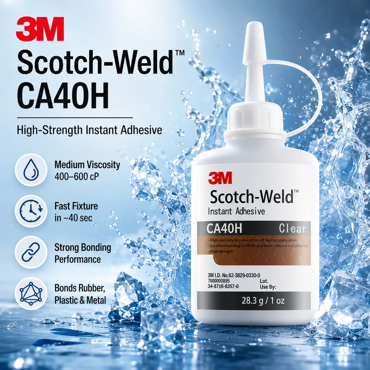 Original 3M Scotch-Weld CA40H Instant Adhesive 28.3G Clear Fast Setting Super Glue for Plastic Rubber Metal