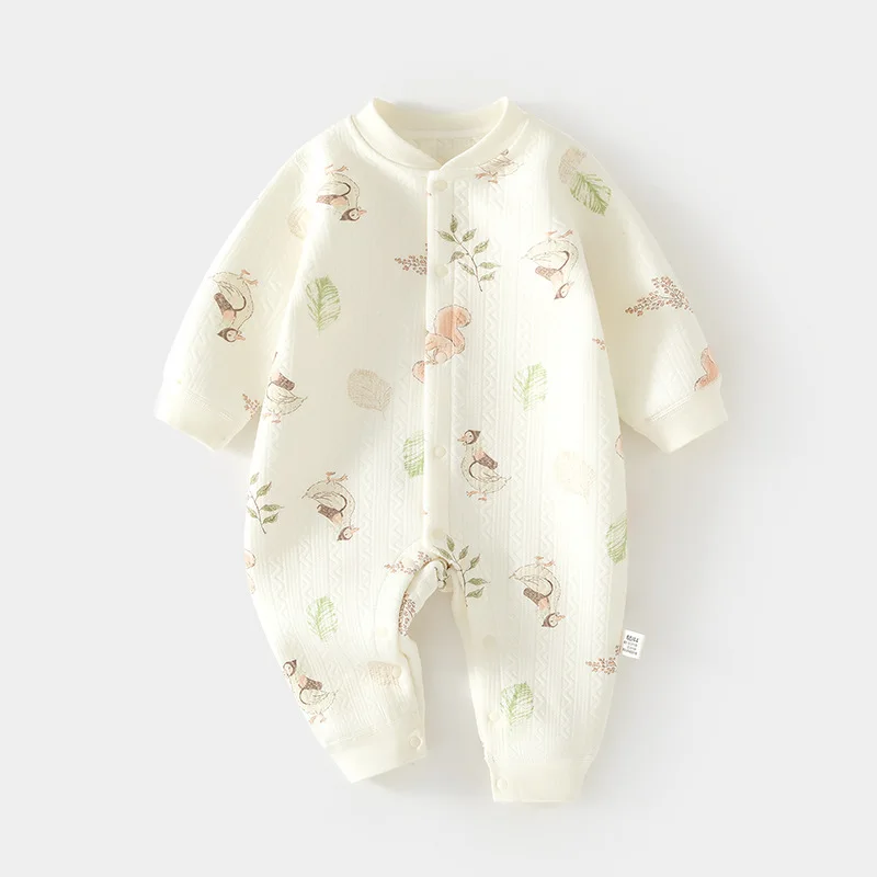 Baby Split-Warmoverall für Jungen und Mädchen, Herbst- und Winter-Strampler ohne Knochen, Neugeborenen-Strampler aus Baumwolle mit Clips