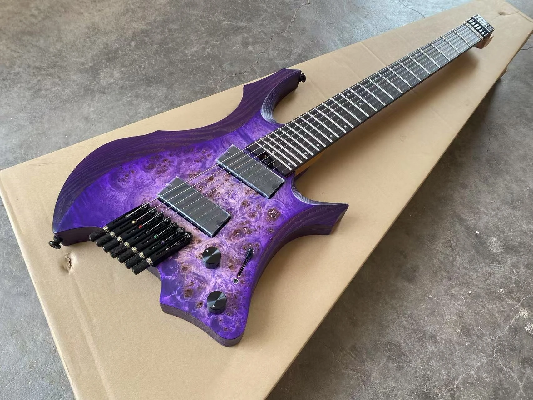 7 String Purple Headless Electric Guitar Ash Body Burl Maple Top Fanned Frets, Active Pickups, 9 Piece Roasted Maple Neck