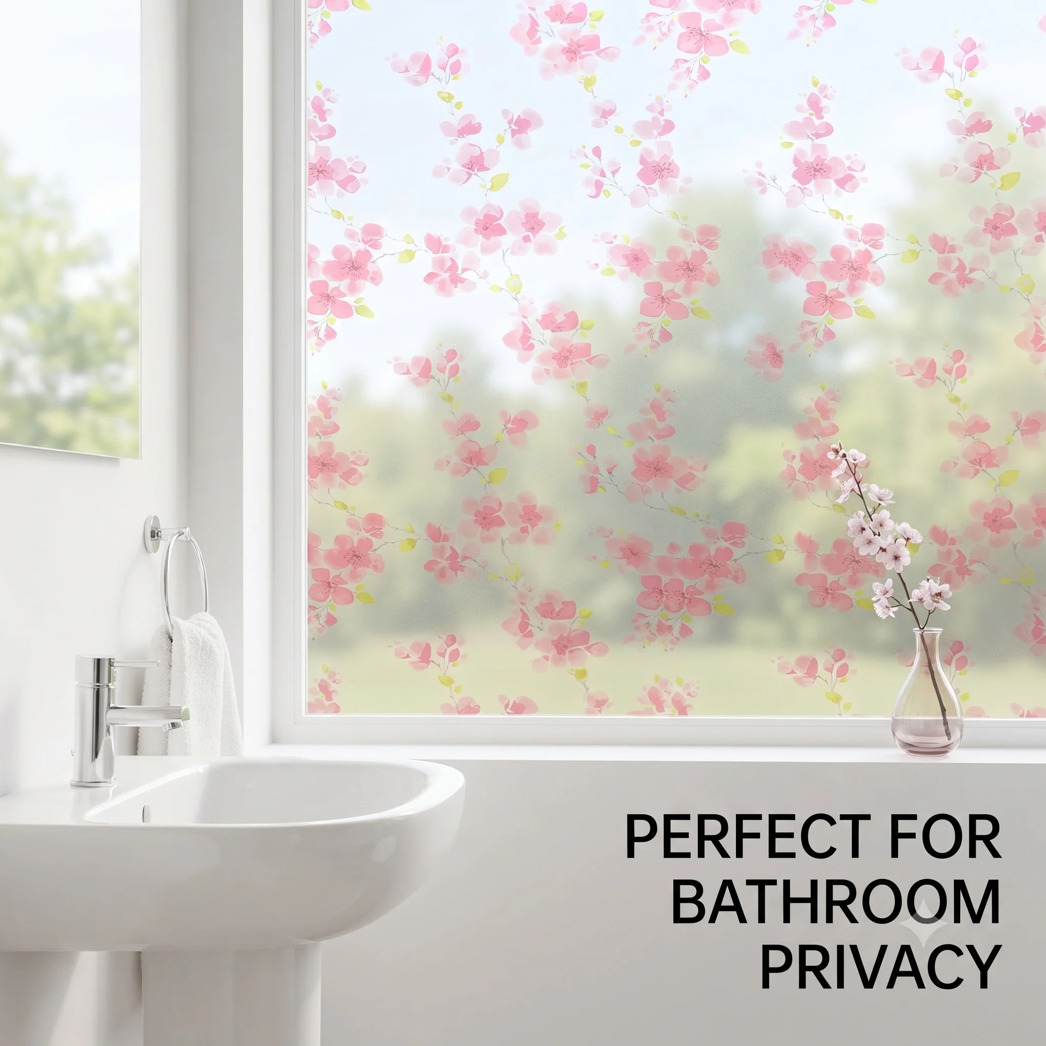 Pink Cherry Blossom Self-Adhesive Window Film Frosted Privacy Glass Sticker Removable No Residue Decor for Bathroom Bedroom Livi