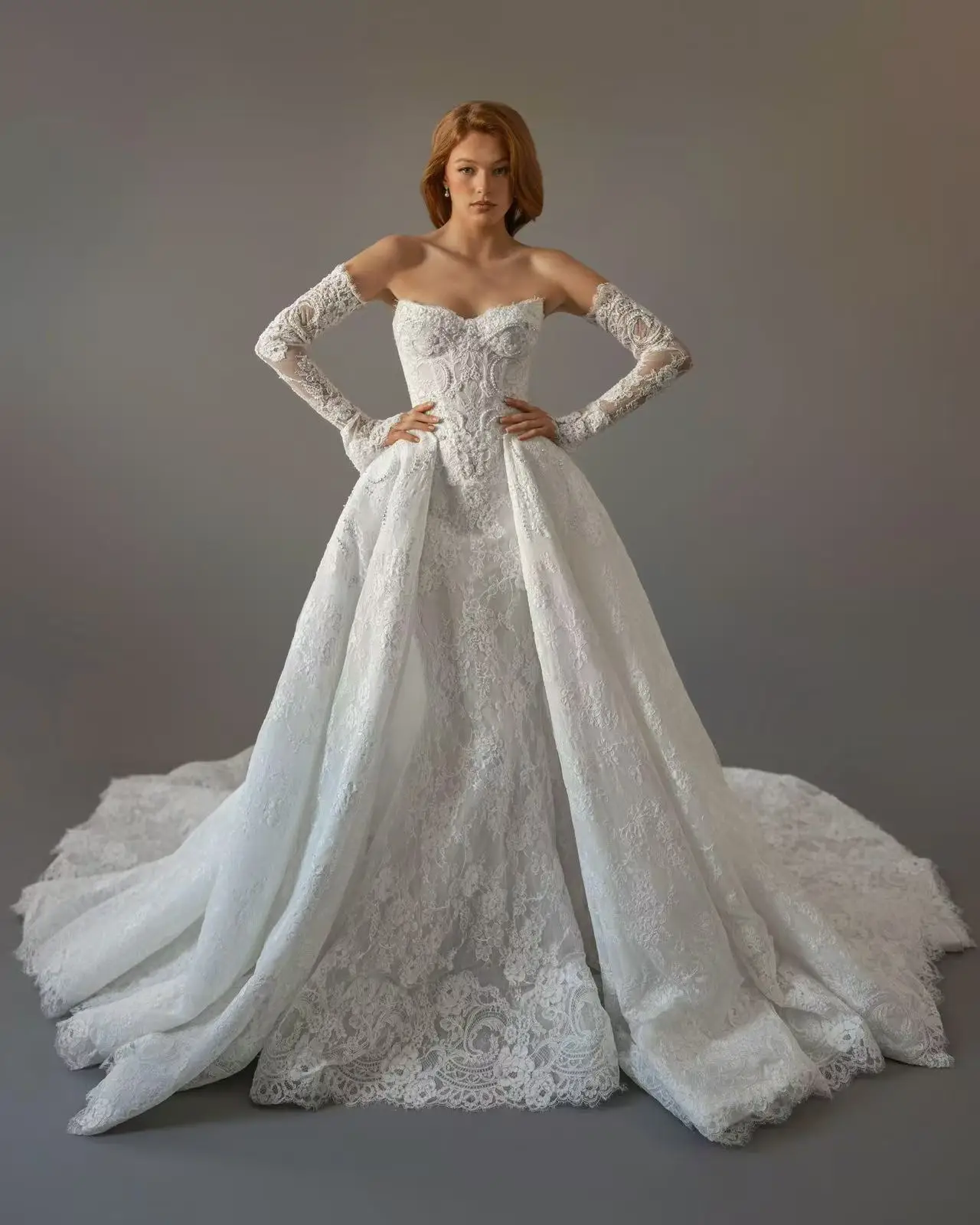 Off Shoulder Long Sleeve Wedding Dress Detachable Overskirt Lace Mermaid Bridal Gown Button Back Custom Made Vestido de Noiva