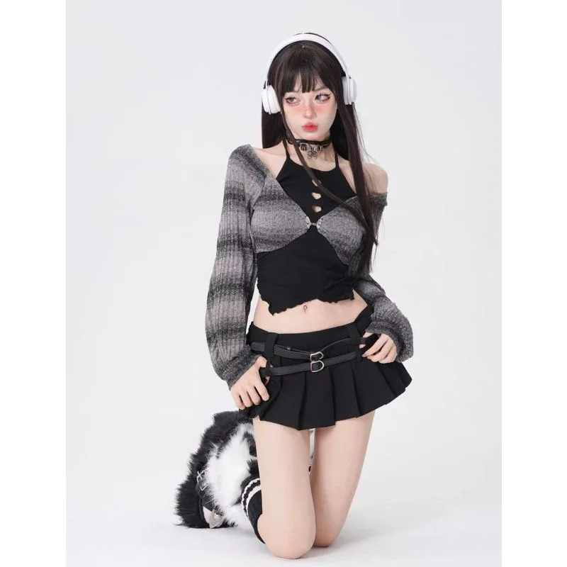 2025 New Subculture Y2k Millennial Babes Off-the-shoulder Striped Top High Waist Design Niche Skirt Two-piece Suit For Women