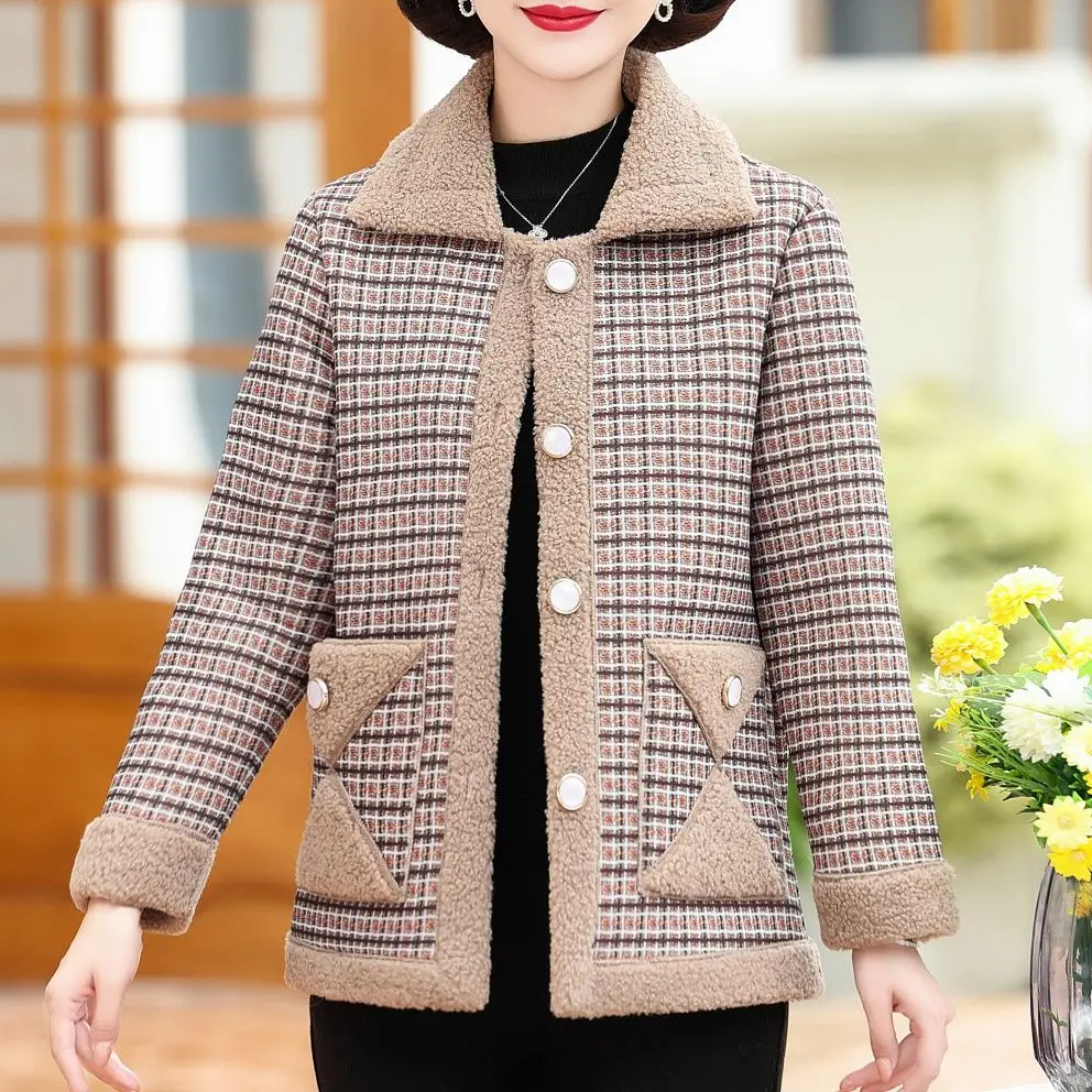 

Thickened Fleece Cotton Jacket for Middle-Aged And Elderly Women Particle Fleece Lined Autumn Winter New Style Slimming Top